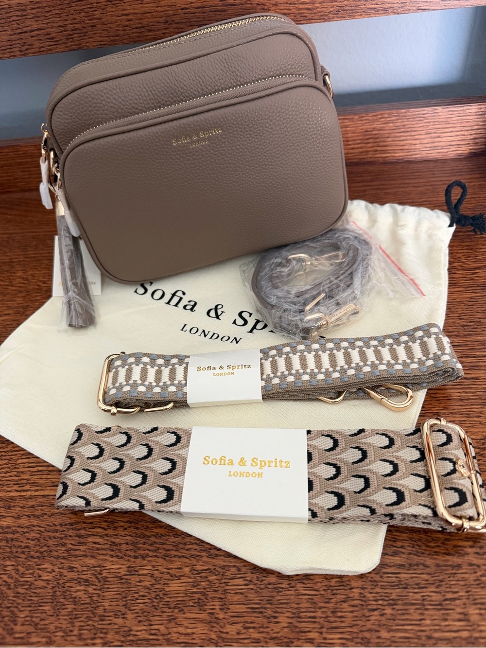 Sofia and Spritz London Taupe Leather Crossbody Bag with Interchangeable Straps